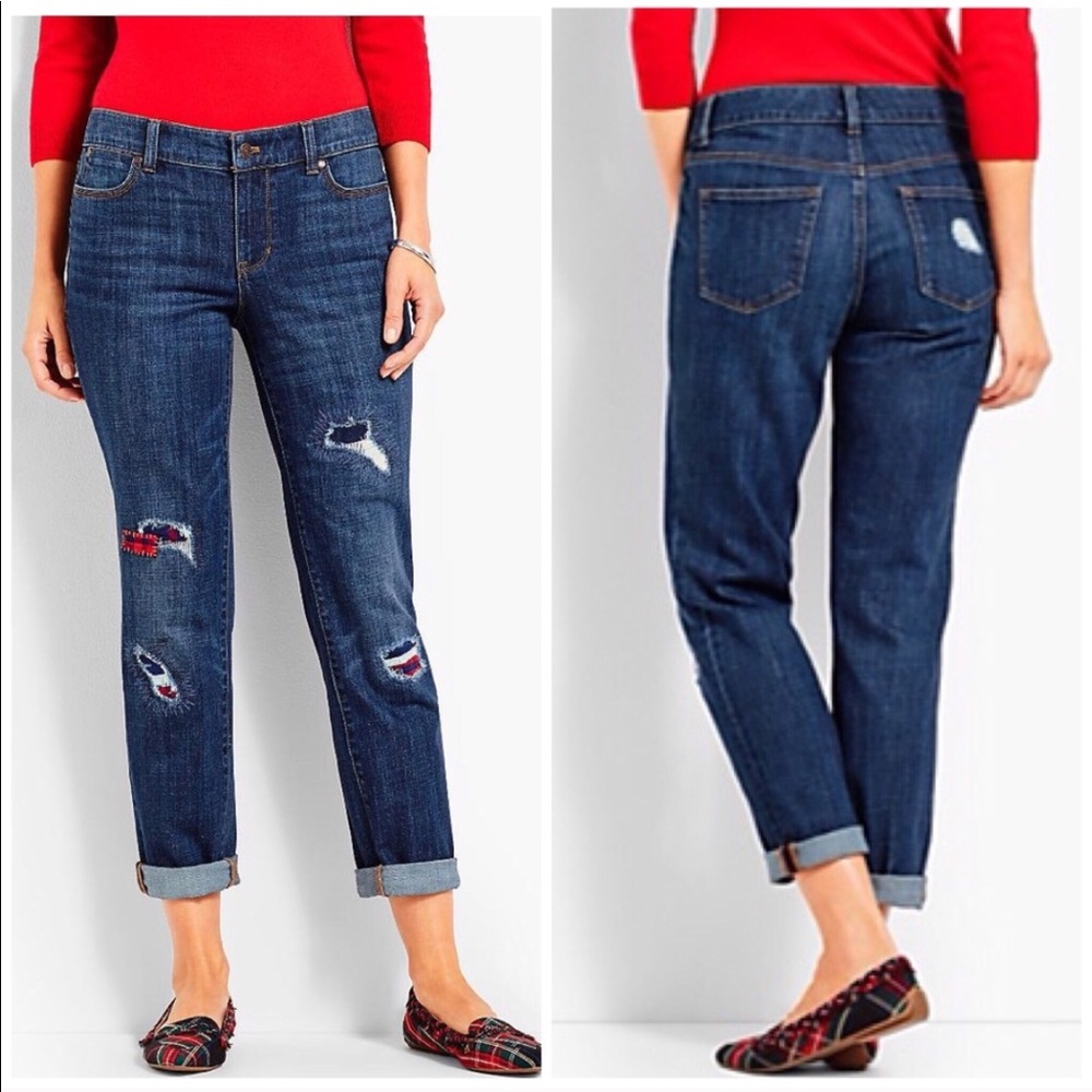 Talbots Boyfriend Jeans Patchwork Plaid Distressed